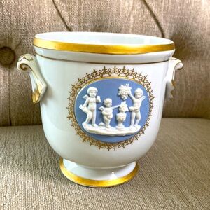 Vintage 1960s Porcelain Medallion Angel Cherub Blue White Gold Accent Cup